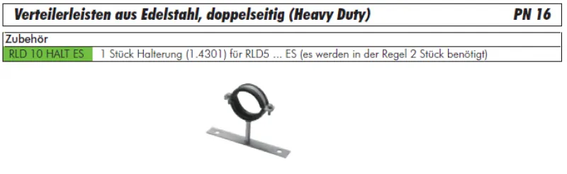 Größentabelle Halterung aus Edelstahl (1.4301) für doppelseitige Verteilerleiste PN 15